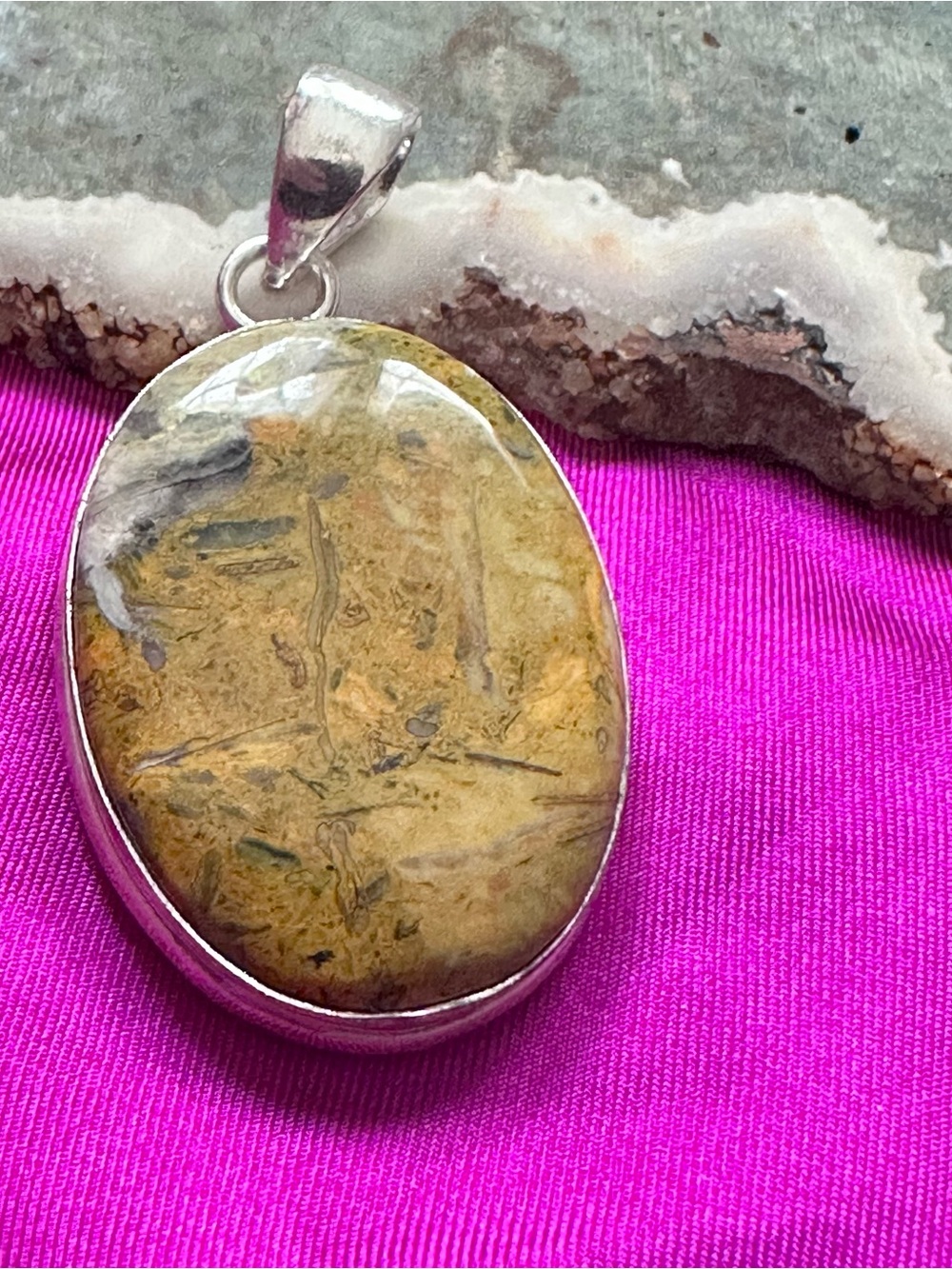 Artisan Handcrafted Yellow Jasper Oval Pendant Plated Silver